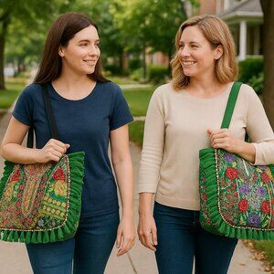 Embroidered Green Tote Bag